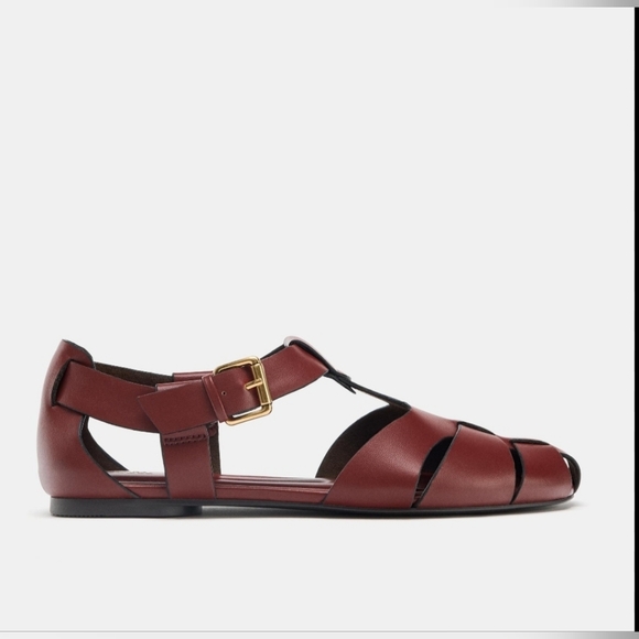 Zara (Size 39) Burgundy Wine Faux Leather Strap Buckle Flat Fisherman Sandals - Picture 12 of 14